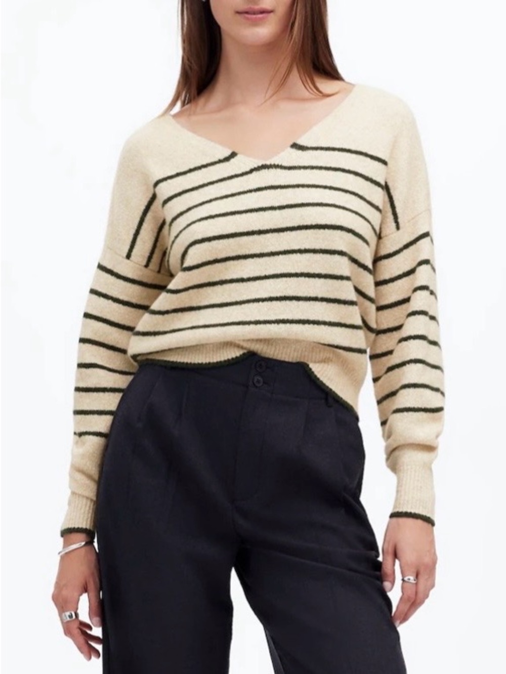 Madewell V-Neck Sweater with Black Stripes Merino Wool Blend Size XS